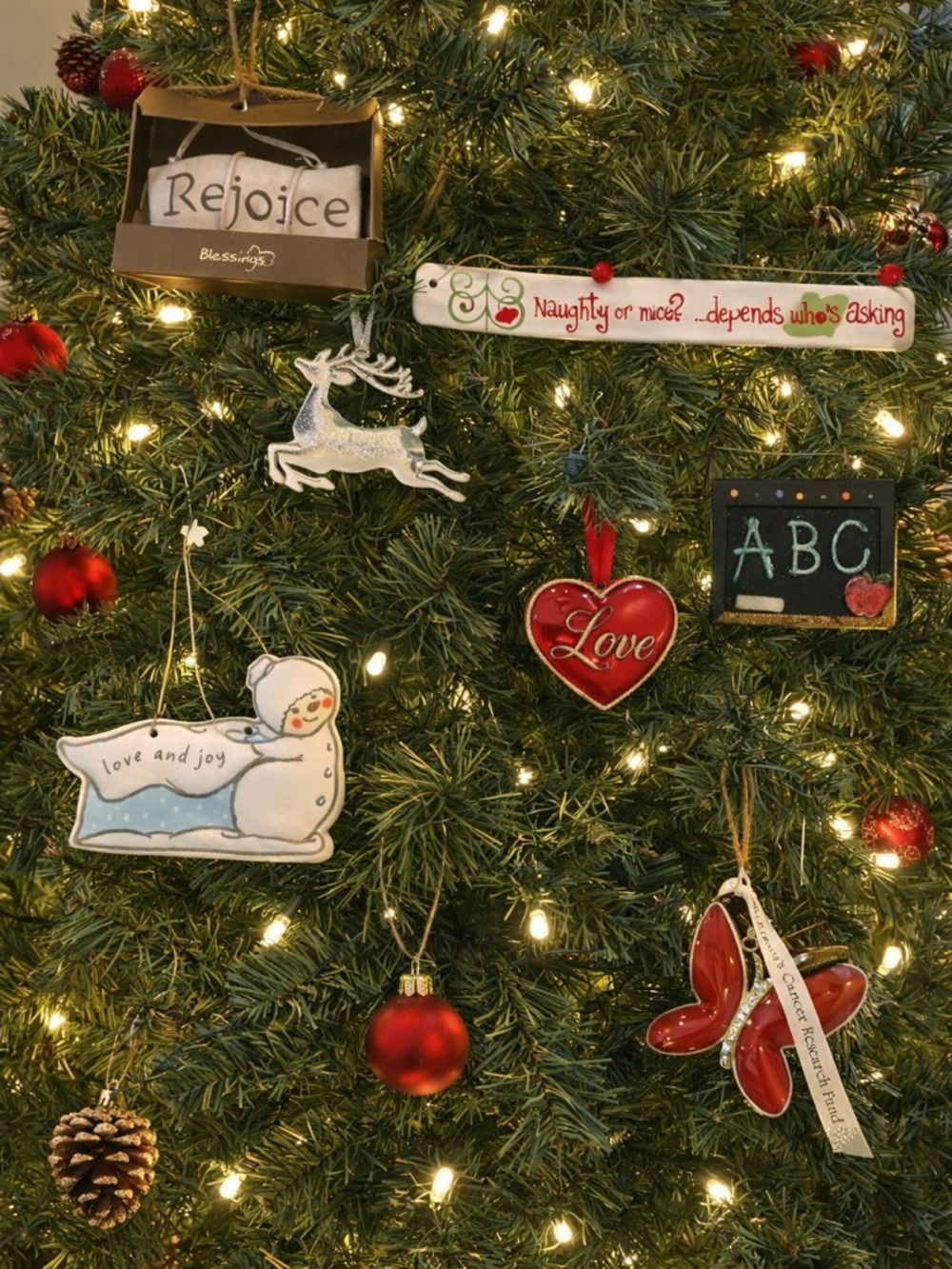 Seven Holiday Ornament Collection with Red and Silver Accents